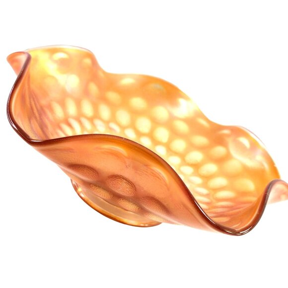 Vintage Ruffled Bowl Iridescent Marigold Carnival Glass with Raised Dot Pattern - Picture 5 of 10